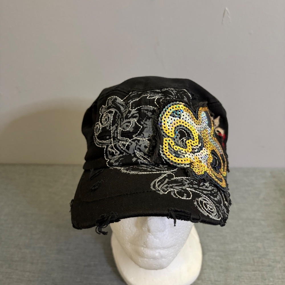 LOGA Cadet Hat Womens OSFM Black Vintage Y2K Sequin Embroidered Distressed Cap